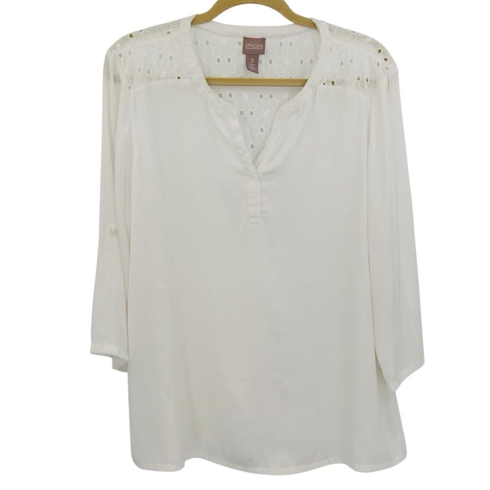 Chico’s white floral embroidered eyelet lace detail tunic size extra large